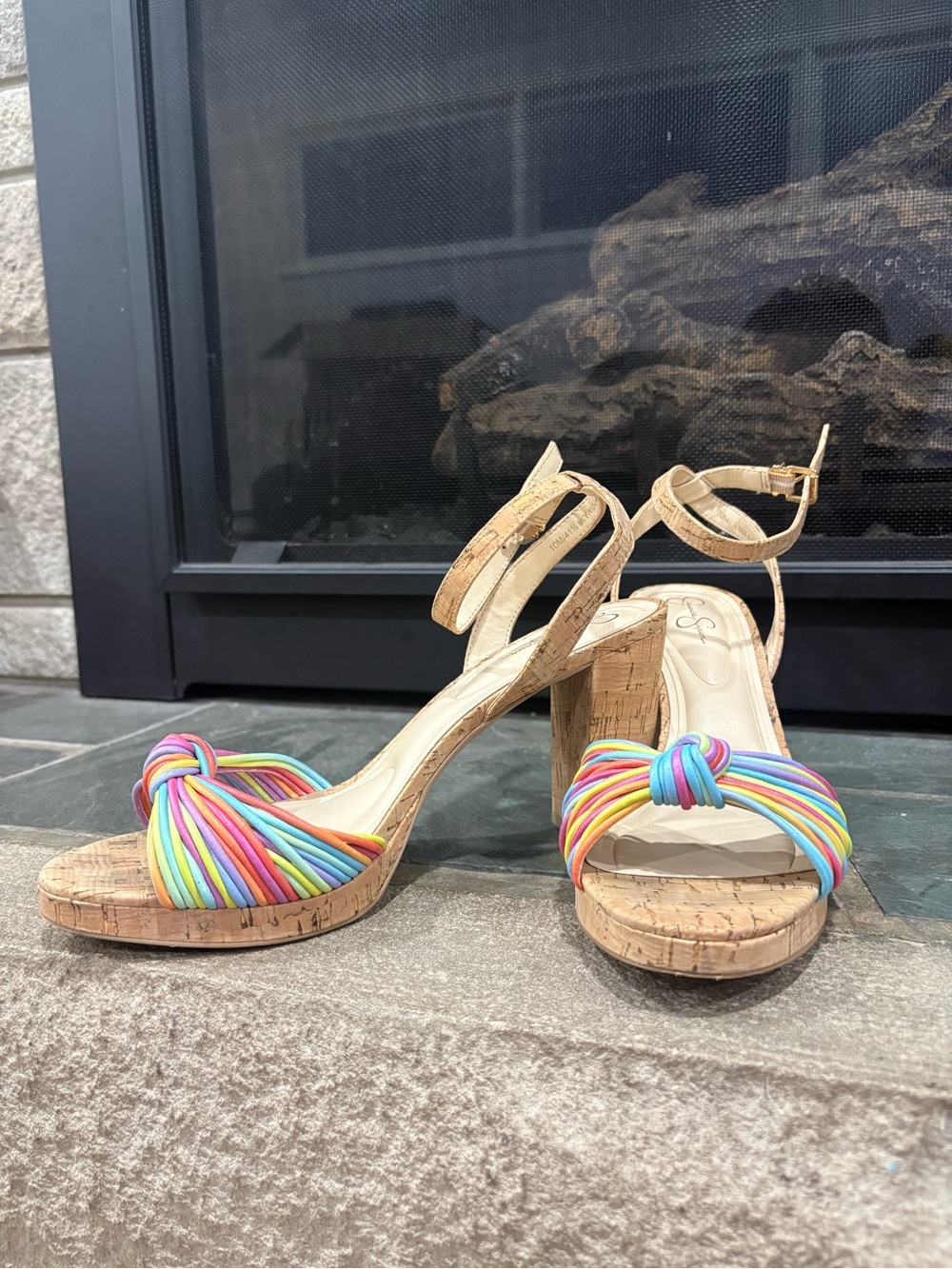Jessica Simpson Darleena Multi - Cork Block Heels with Rainbow Knot Straps